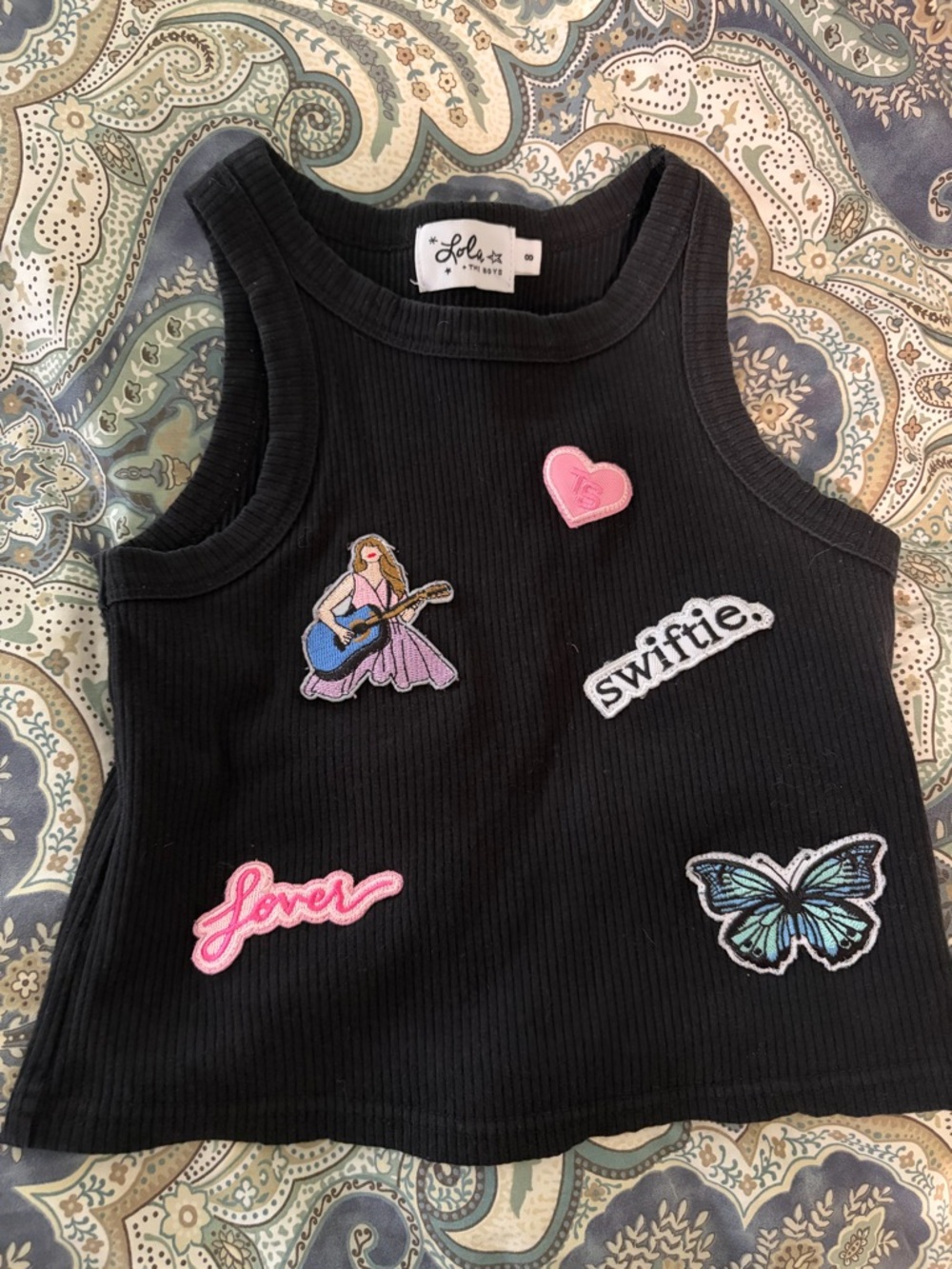Lola + The Boys Black Ribbed Tank Top with Pink & Blue Patch Accents